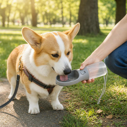 Corgi bebiendo agua de la botella de paseo en el parque