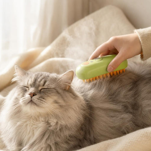 Gato de pelo largo disfrutando del cepillo de vapor