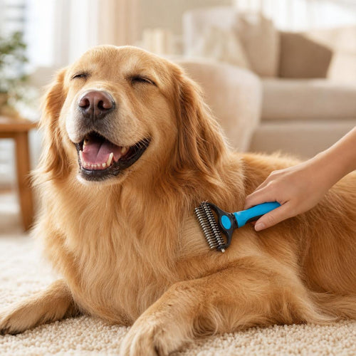 Golden retriever disfrutando del cepillado con el cepillo deslanador