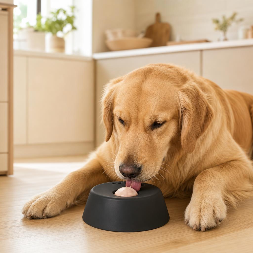 Golden Retriever frisst entspannt aus dem Anti-Schling-Napf